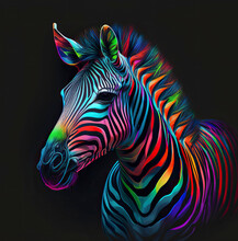 Zebra Portrait In Rainbow Colors. Generative AI.