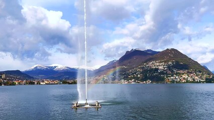 Poster - Getto d'Acqua fountain against Monte Bre, Lugano, Switzerland