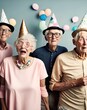 Crazy birthday party for older people, grandparents. Pensioners with birthday caps and balloons celebrate their jubilee birthday. Illustration, Generative AI.