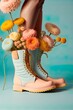 Fashionable pastel vintage concept of women's footwear, deep autumn boots full of fresh, meadow, spring flowers. Illustration. Generative AI.