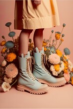 Fashionable Pastel Vintage Concept Of Women's Footwear, Deep Autumn Boots Full Of Fresh, Meadow, Spring Flowers. Illustration. Generative AI.