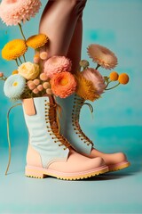 Wall Mural - Fashionable pastel vintage concept of women's footwear, deep autumn boots full of fresh, meadow, spring flowers. Illustration. Generative AI.