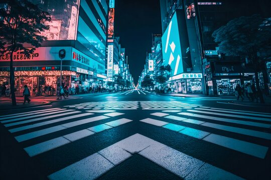 neon night city shibuya crossing in tokyo. generative ai