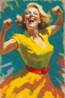 impressionist painting of 1950s blonde woman in yellow dress dancing joyously, generative ai