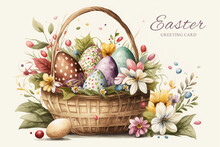 Easter Basket With Eggs And Bunny Decorated With Flowers. Happy Easter