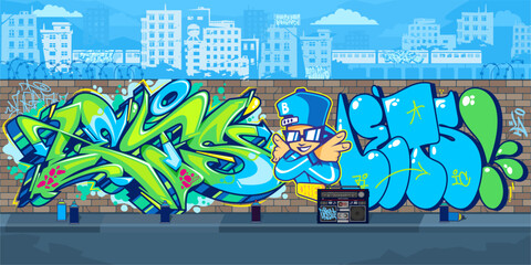 Colorful Outdoor Urban Streetart Graffiti Wall With Drawings Against The Background Of The Cityscape Vector Illustration