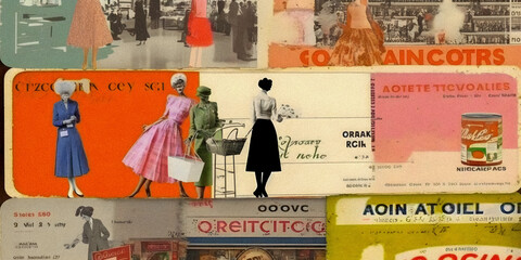 Vintage product labels, collage art, granular texture Generative AI