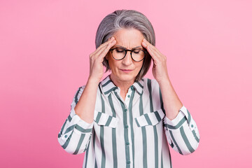 Sticker - Photo of stressed depressed woman dressed smart casual outfit hands arms head having pain isolated pink color background