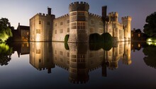  A Castle With A Reflection Of It In The Water At Night With Lights On The Windows And A Reflection Of The Building In The Water. Generative AI