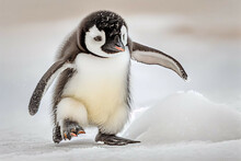 A Baby Penguin Waddling Across The Snow, Its Feet Leaving Tiny Footprints In Its Wake - Generative AI