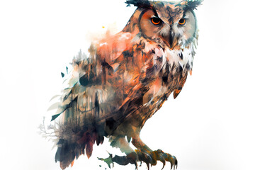 Fototapete - Wild beautiful owl double exposure with inks and splatters on white background.
Digitally generated AI image