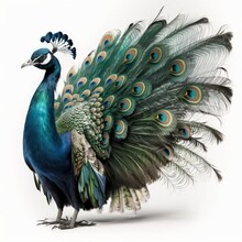 Detailed Full-body Illustration Of A Proud Peacock Fanning Its Train Feathers On Display Isolated On A White Background, Generative Ai