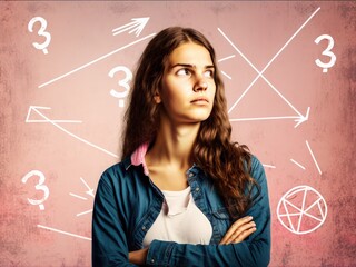 Candid stylized portrait of a young beautiful pensive woman pondering a mathematical equation formula problem with numbers and diagrams in the background, abstract maths theory concept, generative ai