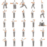 Fototapeta  - The man with beard wearinggray corduroy pants and white collar t-shirt is expression of body or doing exercise. 3d rendering of cartoon character in acting.