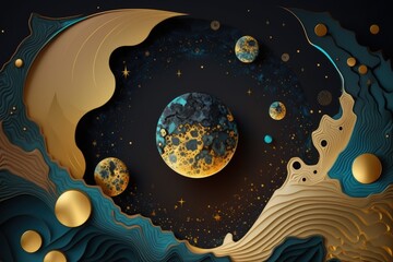 Wall Mural - Abstract cosmic background with inlay of marbled textures and gold metallic foil. Sacred geometry with a starry, planetary, and cosmic theme. wallpaper depicting the moon. Generative AI