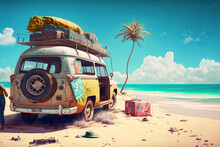 Drawing Of An Abandoned Hippie Passenger Van On The Shore Of A Tropical Summer Beach. Ai Genereated