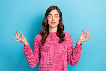 Poster - Photo of gorgeous pretty lady wear pink comfort clothes enjoy free time enjoy morning meditation isolated on blue color background