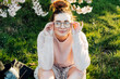© okrasiuk - Portrait of young smiling caucasian hipster girl in glasses with pimples, acne on her face. Body positivity and diversity. Teenage skincare problems. Generation Z girl enjoy spring mood.