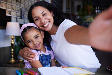 Wall Mural - Mother portrait, girl child and selfie in cafe with book for drawing, learning art and color. Education, family and mama hug kid or daughter and taking pictures for social media or happy memory.