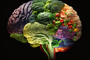 Change of mind to vegan lifestyle. Human brain of vegetables. Generative AI.  