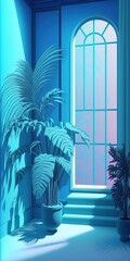 Poster - Blue studio background with abstract gradient for product presentation. Vacant room with flowers, palm leaves, and the shadows of the windows. space for copies. Summertime concert. blurry background