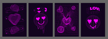 Geometry Wireframe Shapes And Grids In Neon Pink Color. 3D Heart, Abstract Background, Pattern, Cyberpunk Elements In Trendy Psychedelic Rave Style. 00s Y2k Retro Futuristic Aesthetic. Love Concept.