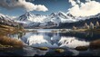 © Anna - a painting of a mountain lake surrounded by grass and trees with a cloudy sky in the background and a few clouds in the sky above. Generative AI