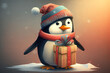  a penguin with a hat and scarf holding a gift box with a snowflake on it's head and a scarf around its neck. Generative AI