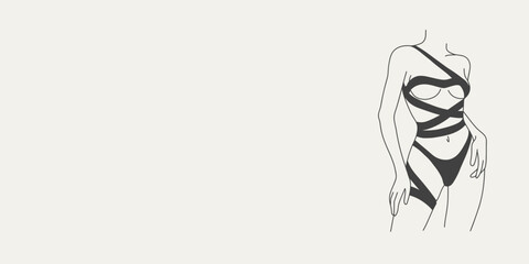 Wall Mural - Girl naked body posing outline. Erotic body frame. Minimalist line art female figure on yellow background