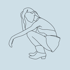 Wall Mural - Fashion model line drawing on blue background. Girl posing line art. Vector illustration