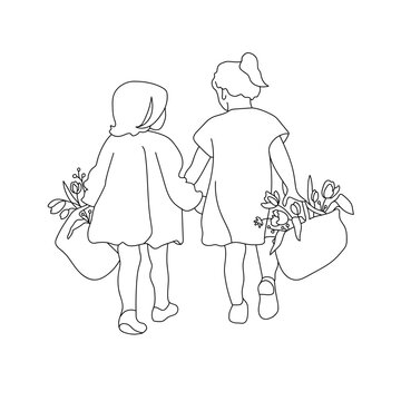 little girls silhouette outline isolated on white background. two little girls line art holding hand