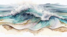 Summer Background Watercolor Sea Wave And Sand Beach. Top Bird Eye View Generative Ai.