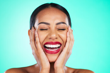 Sticker - Face, makeup and excited with a model black woman in studio on a blue background for skincare or cosmetics. Beauty, lipstick and satisfaction with a young female posing to promote a cosmetic product