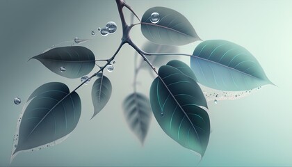  a branch with water drops on it and a green leaf on the branch with water drops on it and a light blue background with a green background.  Generative AI