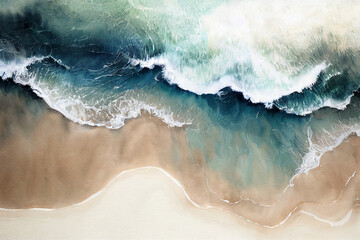 Summer background watercolor sea wave and sand Beach. Top bird eye view generative ai.