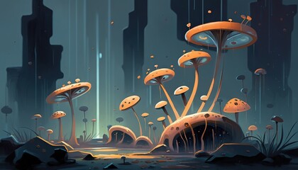 Sticker -  a painting of a group of mushrooms in a dark, spooky, alien land with a bright light coming from the top of the mushroom tops.  Generative AI