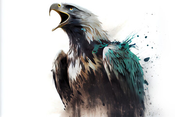 Fototapete - Wild screaming eagle double exposure with inks and splatters on white background.
Digitally generated AI image