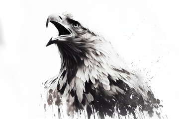 Fototapete - Wild screaming eagle double exposure with inks and splatters on white background.
Digitally generated AI image