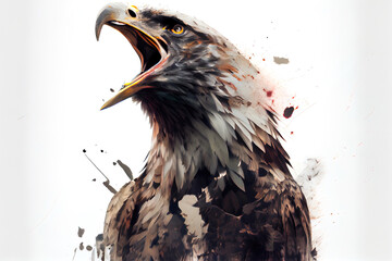 Fototapete - Wild screaming eagle double exposure with inks and splatters on white background.
Digitally generated AI image