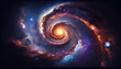 Spiral galaxy in space with colorful stars around it and glowing center