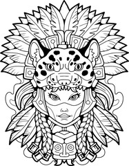 Sticker - cute aztec princess, outline illustration design