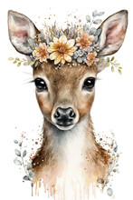 Watercolor Cute Hand Drawn Deer, Fawn In Floral Wreath, Flowers Bouquet, Generative Ai, Png Transparent Background.