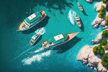 Sticker - airborne boats. aerial view of the Turkish coast. Clear, summertime water in a sunny day. aerial view of boats from the top. aerial view of the sea in summer. image of travel. Generative AI