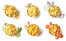 Set Or Collection Of Different Flavor Potato Chips Or Crisps
