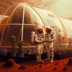 hydroponic greenhouses installed on mars. future vision of human colonization on other planets. gene