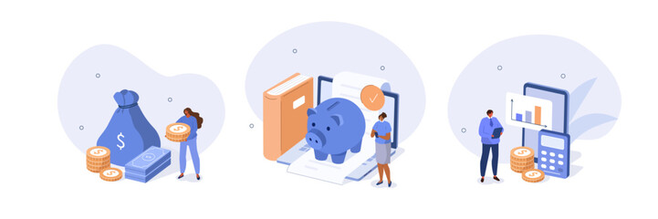 Wall Mural - financial management illustration set. characters saving money in piggy bank and analyzing report. p