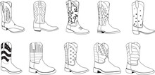 Set Of Cowboy Boot Line Art. Cowboy Boot Silhouette