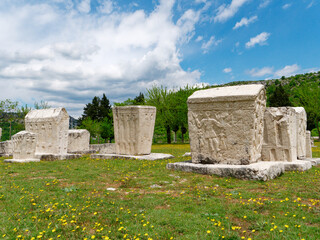 Stecci Medieval Tombstones Graveyards in Radimlja, Bosnia and Herzegovina. Unesco site. Historic place of interest. The tombstones feature a wide range of decorative motifs and inscriptions.