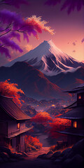 Poster - Mountain in the autumn with Sakura trees