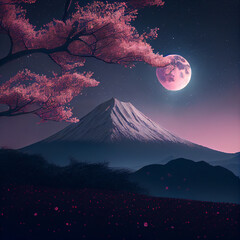 Poster - Mountain in the moon light with Sakura trees